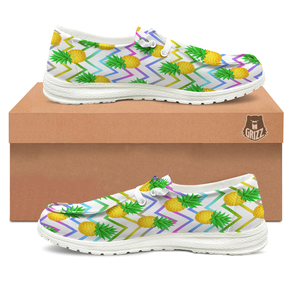 Zig Zag Neon Pineapple Print Pattern White Loafers-grizzshop