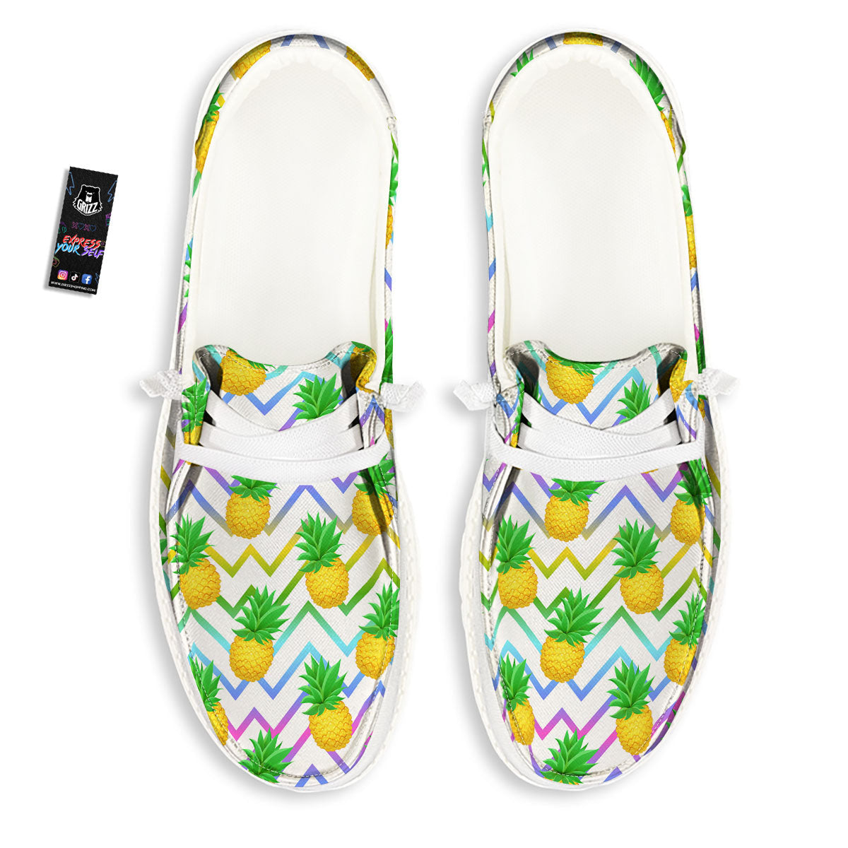 Zig Zag Neon Pineapple Print Pattern White Loafers-grizzshop