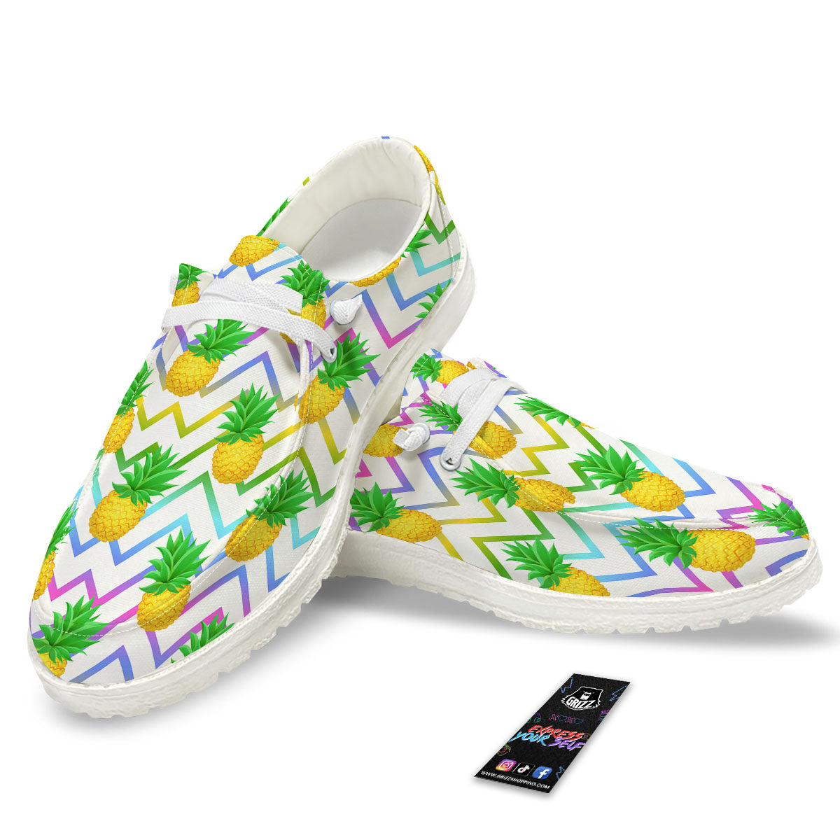 Zig Zag Neon Pineapple Print Pattern White Loafers-grizzshop