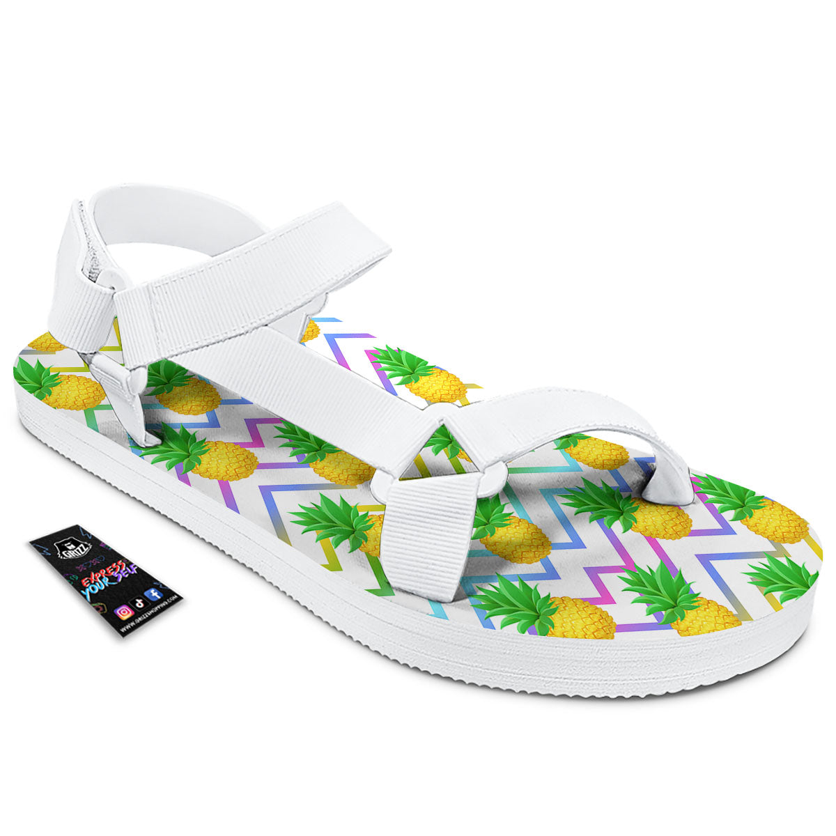 Zig Zag Neon Pineapple Print Pattern White Open Toe Sandals-grizzshop