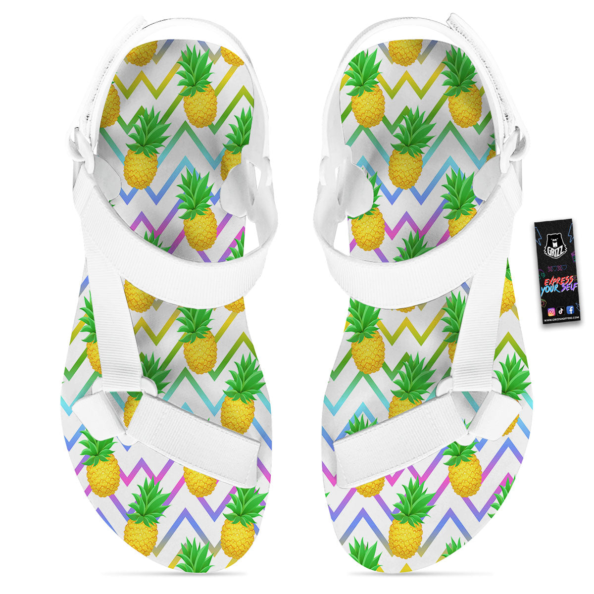 Zig Zag Neon Pineapple Print Pattern White Open Toe Sandals-grizzshop