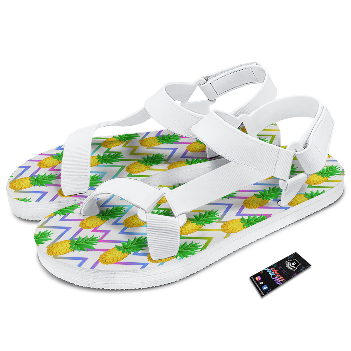 Zig Zag Neon Pineapple Print Pattern White Open Toe Sandals-grizzshop