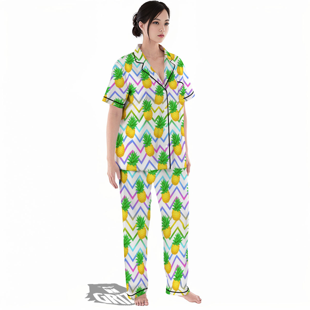 Zig Zag Neon Pineapple Print Pattern Women's Pajamas Set-grizzshop