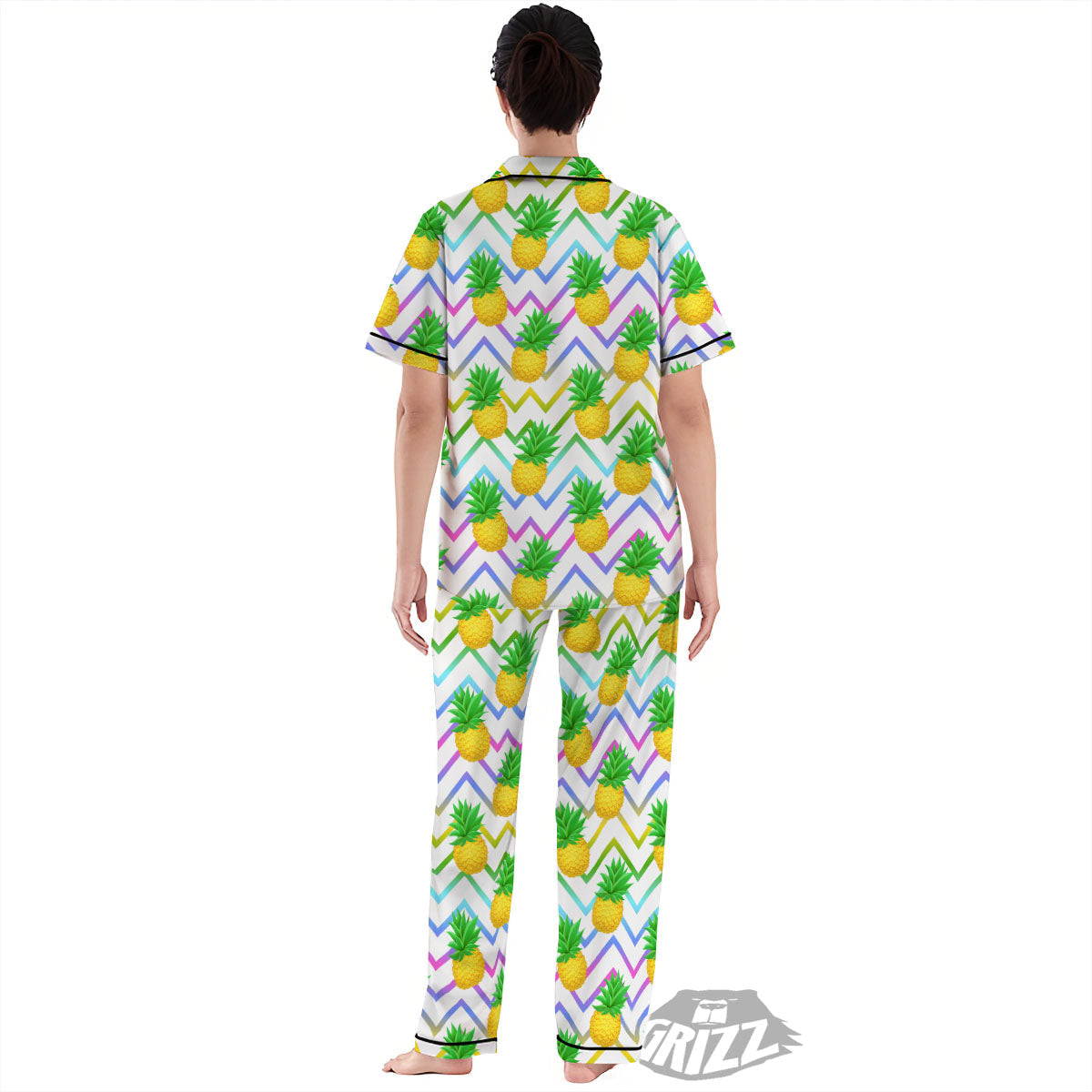Zig Zag Neon Pineapple Print Pattern Women's Pajamas Set-grizzshop