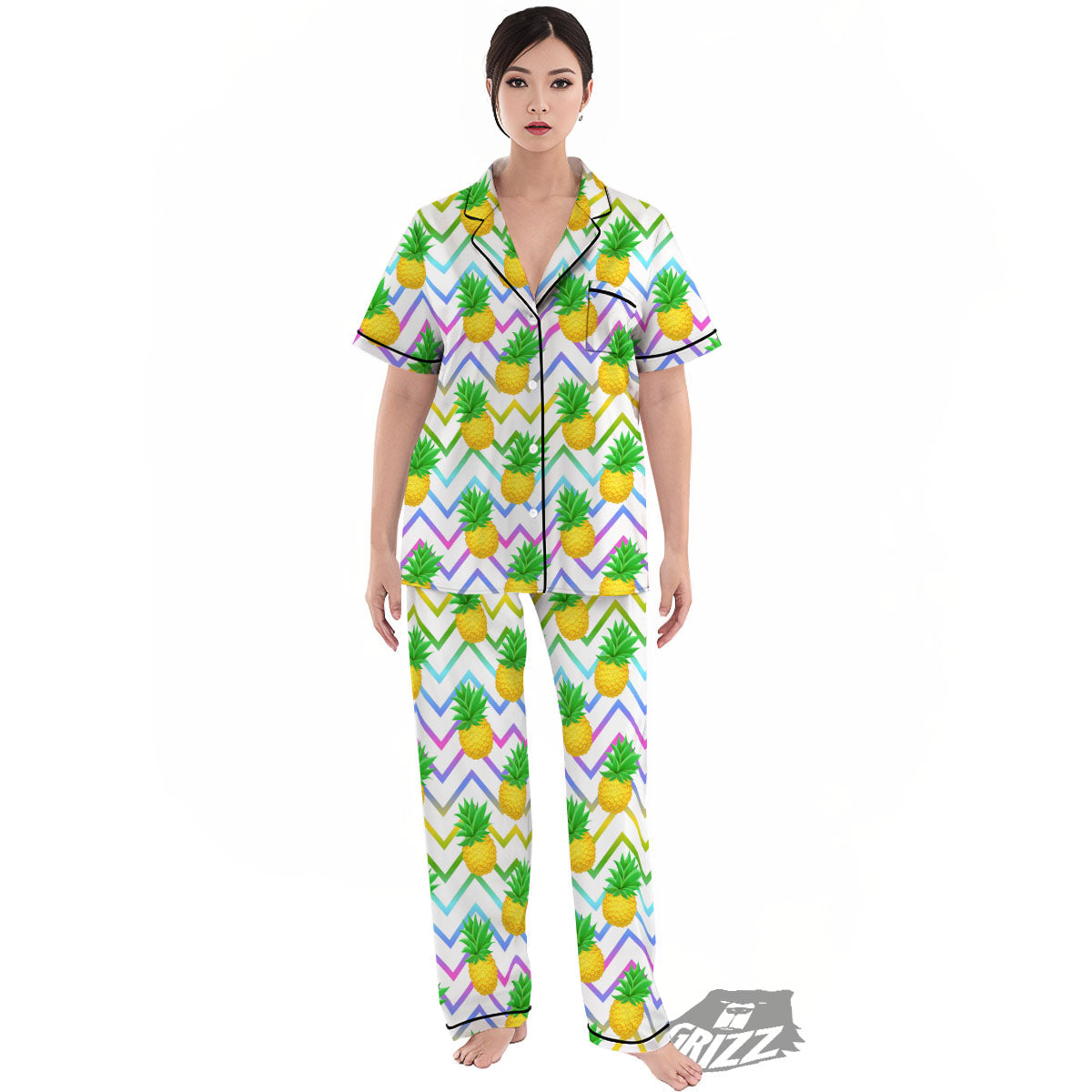 Zig Zag Neon Pineapple Print Pattern Women's Pajamas Set-grizzshop