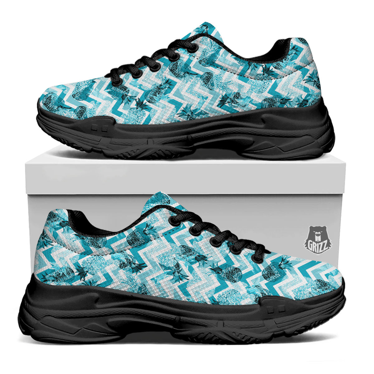 Zig Zag Pastel Pineapple Print Pattern Black Chunky Shoes-grizzshop