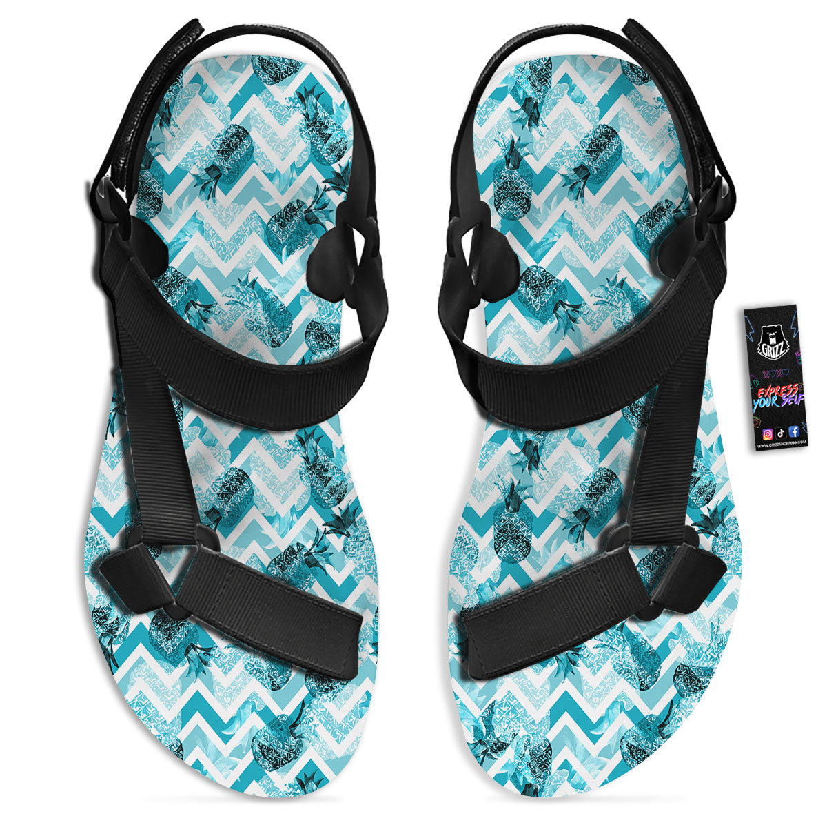 Zig Zag Pastel Pineapple Print Pattern Black Open Toe Sandals-grizzshop