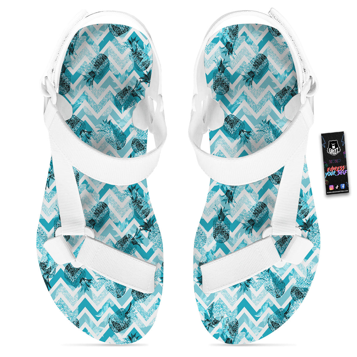 Zig Zag Pastel Pineapple Print Pattern White Open Toe Sandals-grizzshop