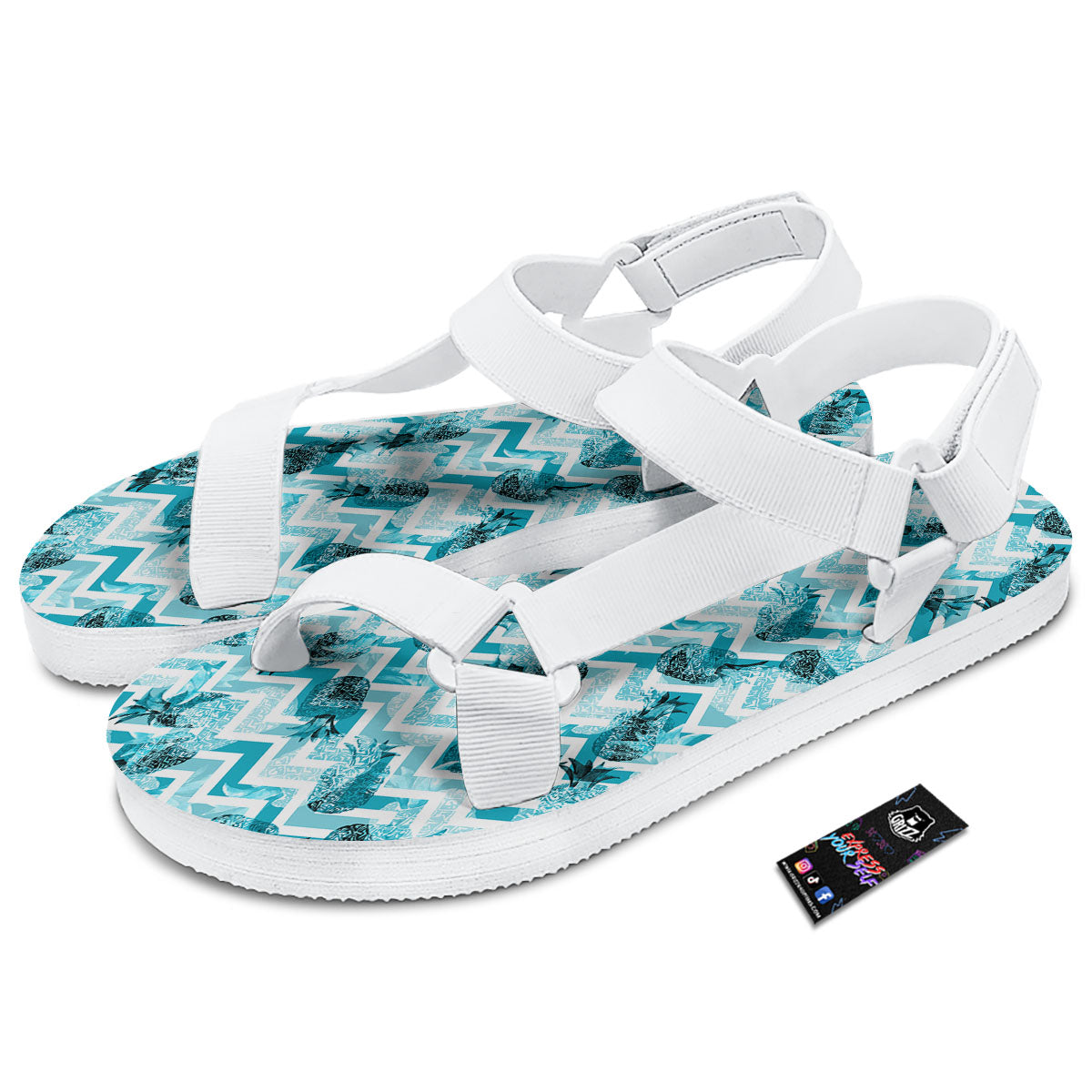 Zig Zag Pastel Pineapple Print Pattern White Open Toe Sandals-grizzshop