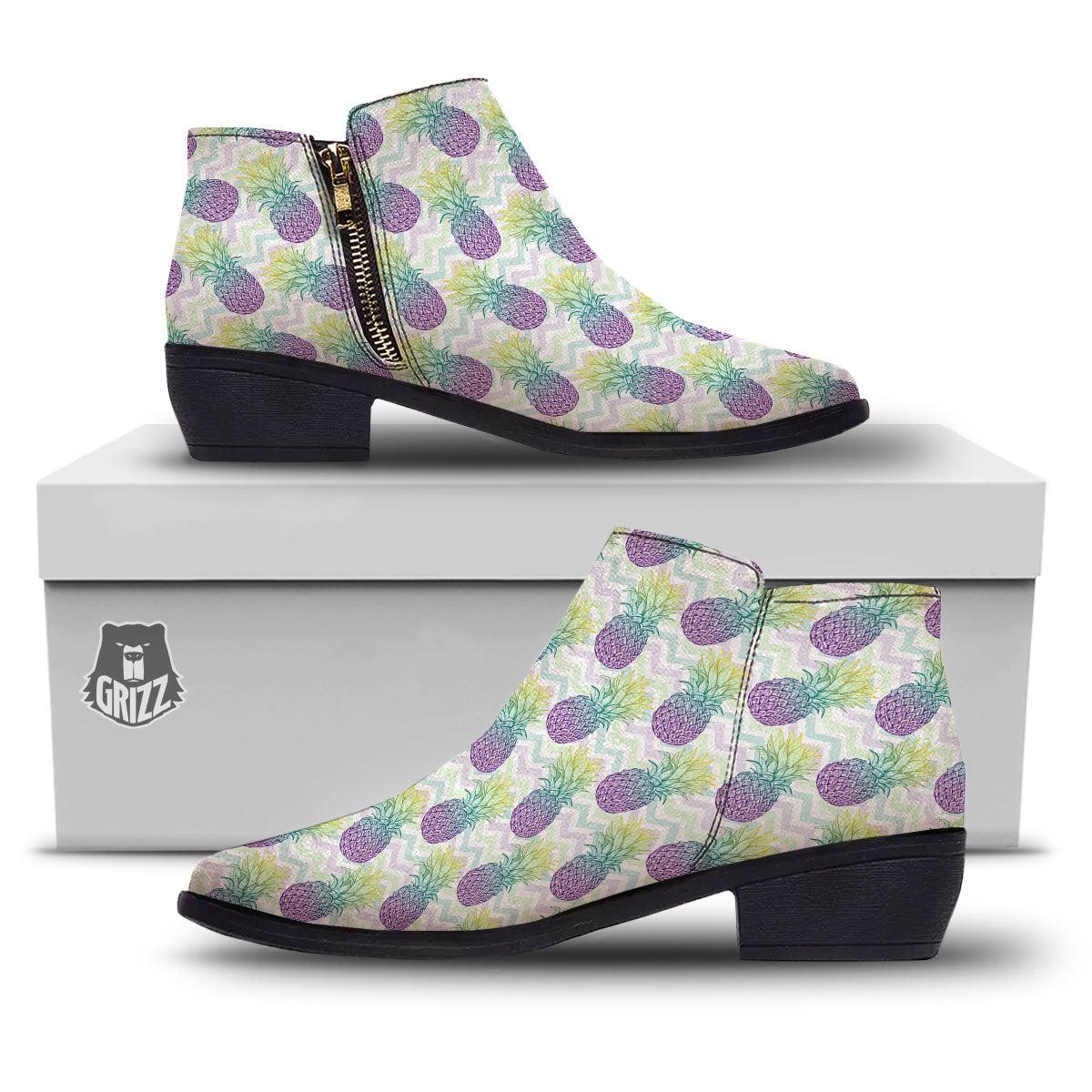 Zig Zag Pineapple Bright Print Pattern Ankle Boots-grizzshop
