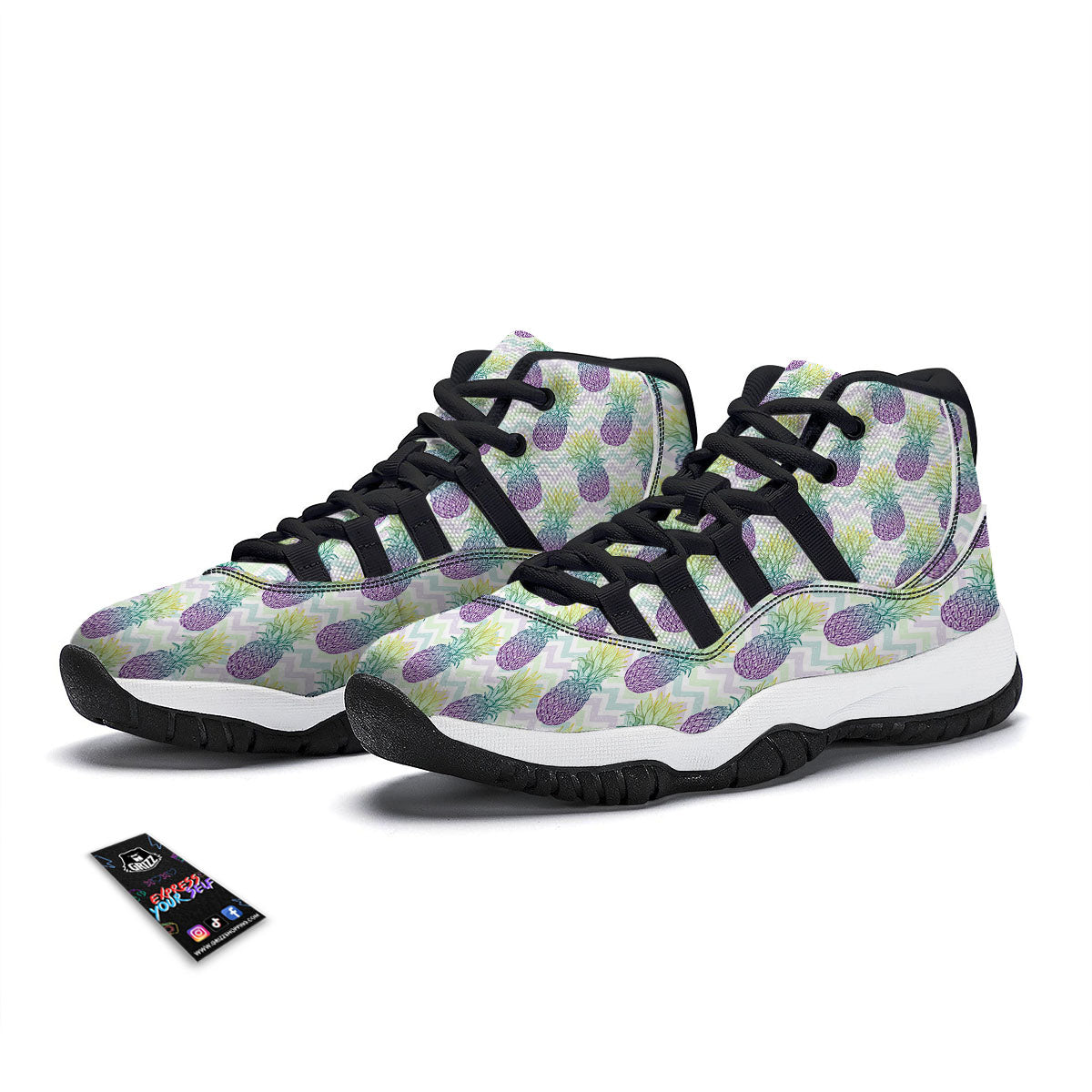 Zig Zag Pineapple Bright Print Pattern Black Bball Shoes-grizzshop