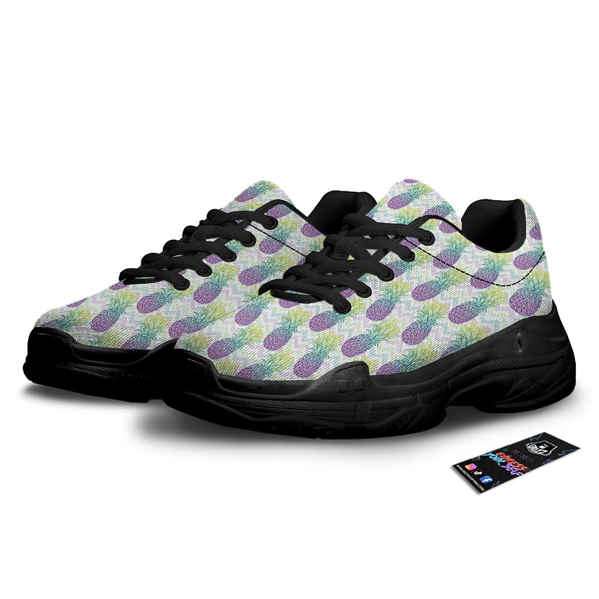 Zig Zag Pineapple Bright Print Pattern Black Chunky Shoes-grizzshop
