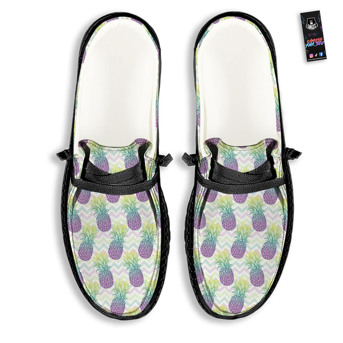 Zig Zag Pineapple Bright Print Pattern Black Loafers-grizzshop