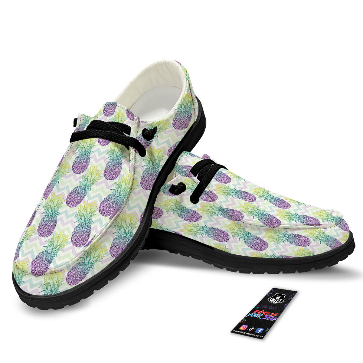 Zig Zag Pineapple Bright Print Pattern Black Loafers-grizzshop