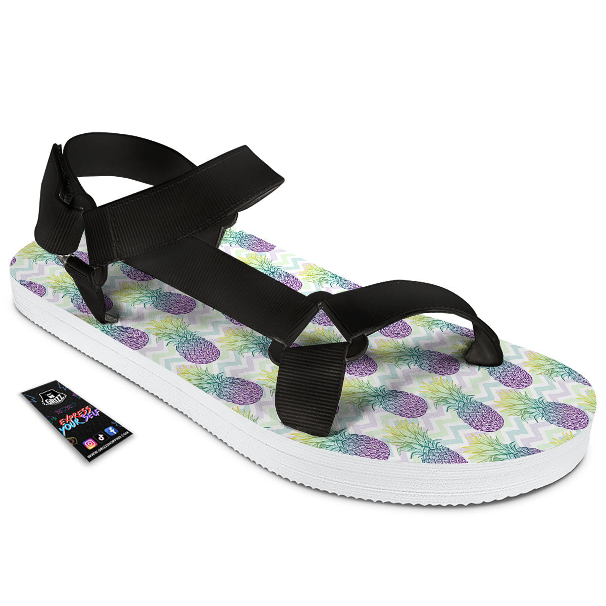 Zig Zag Pineapple Bright Print Pattern Black Open Toe Sandals-grizzshop