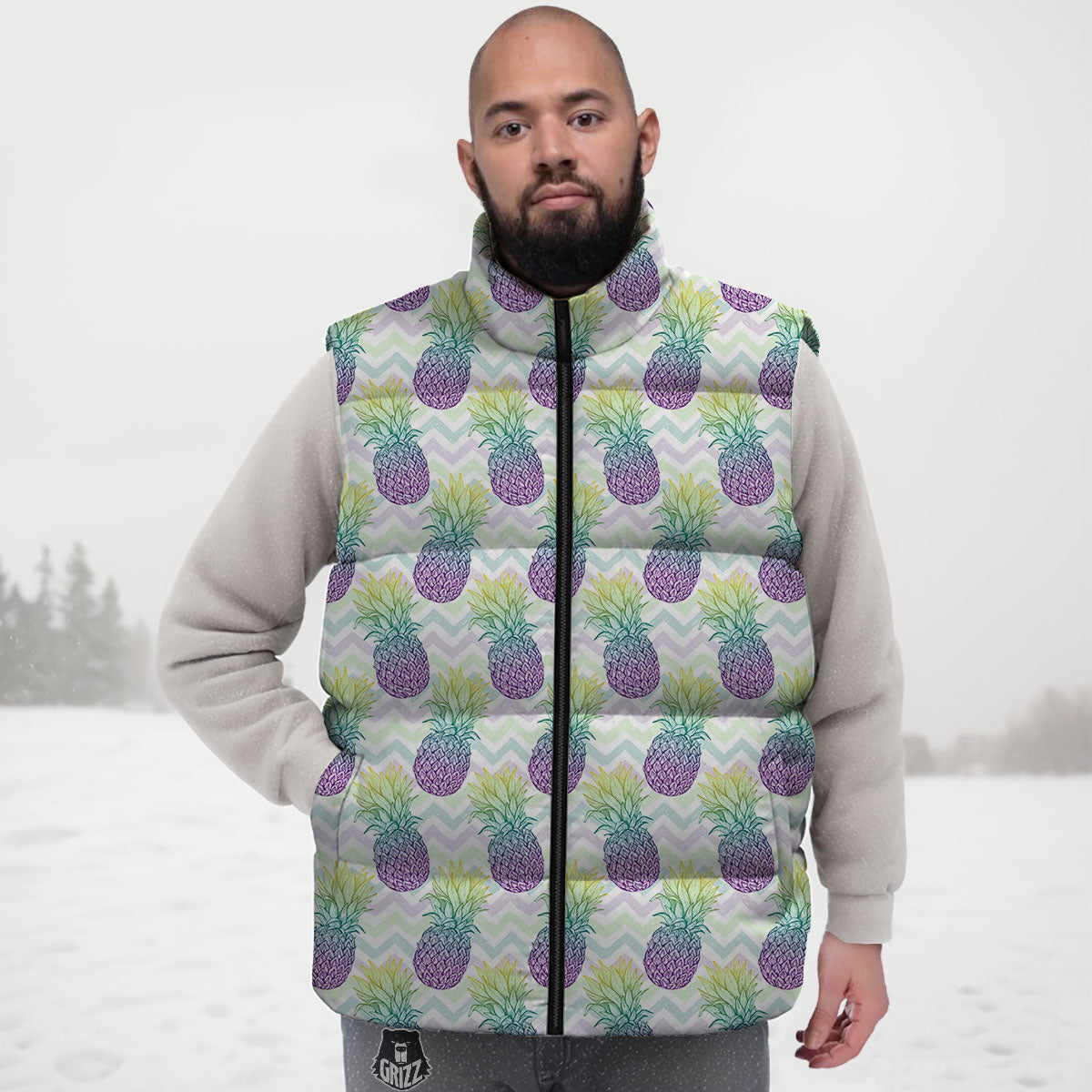 Zig Zag Pineapple Bright Print Pattern Down Vest-grizzshop