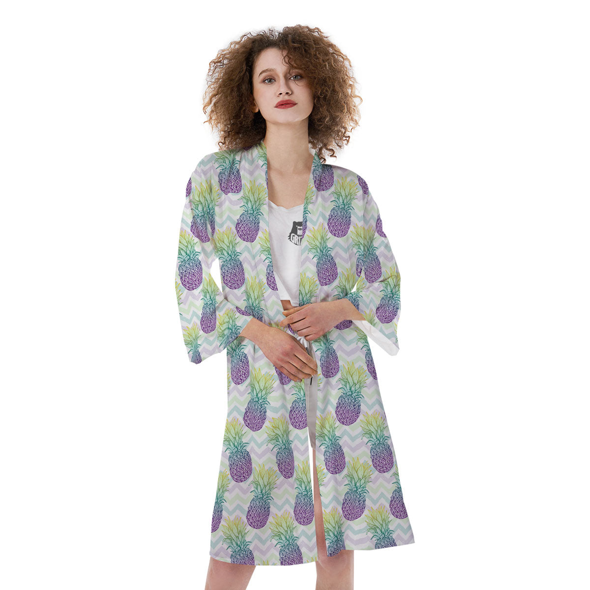 Zig Zag Pineapple Bright Print Pattern Kimono-grizzshop