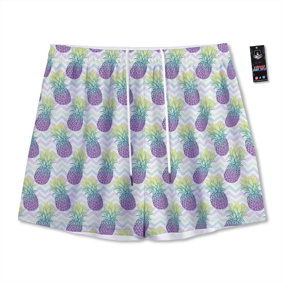Zig Zag Pineapple Bright Print Pattern Mesh Shorts-grizzshop