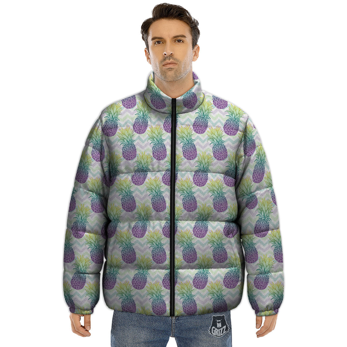 Zig Zag Pineapple Bright Print Pattern Puffer Jacket-grizzshop