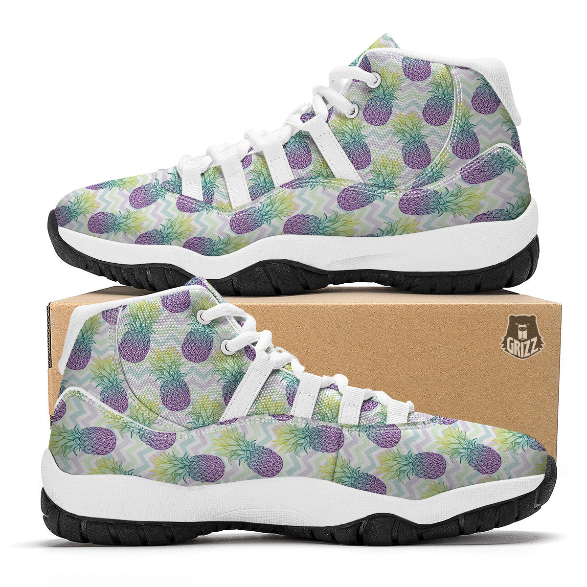 Zig Zag Pineapple Bright Print Pattern White Bball Shoes-grizzshop