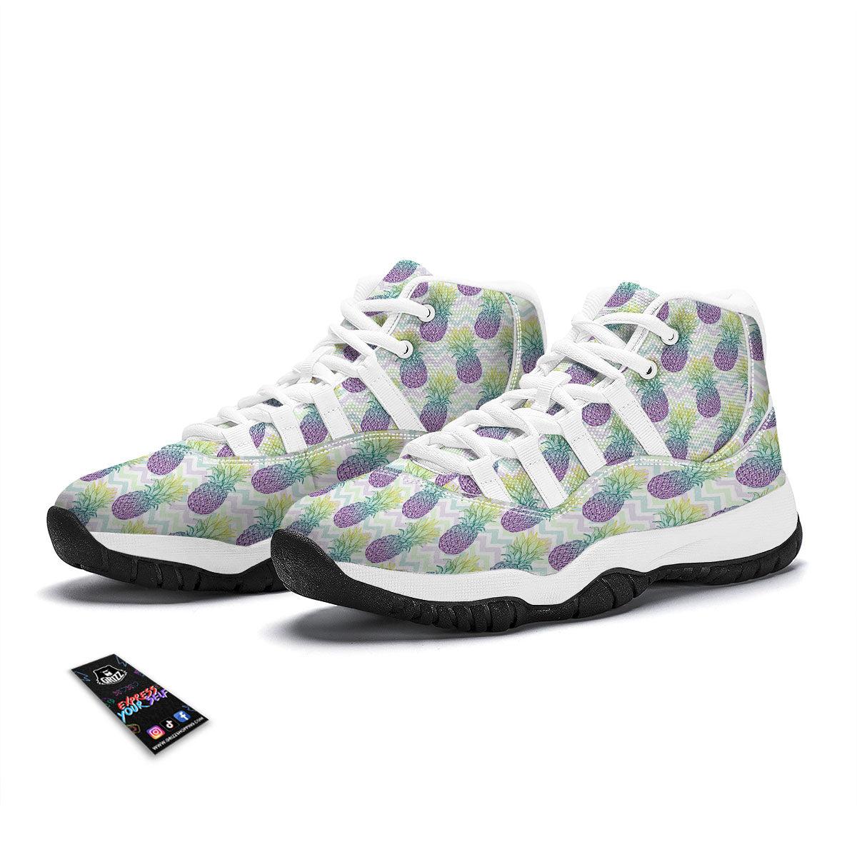 Zig Zag Pineapple Bright Print Pattern White Bball Shoes-grizzshop