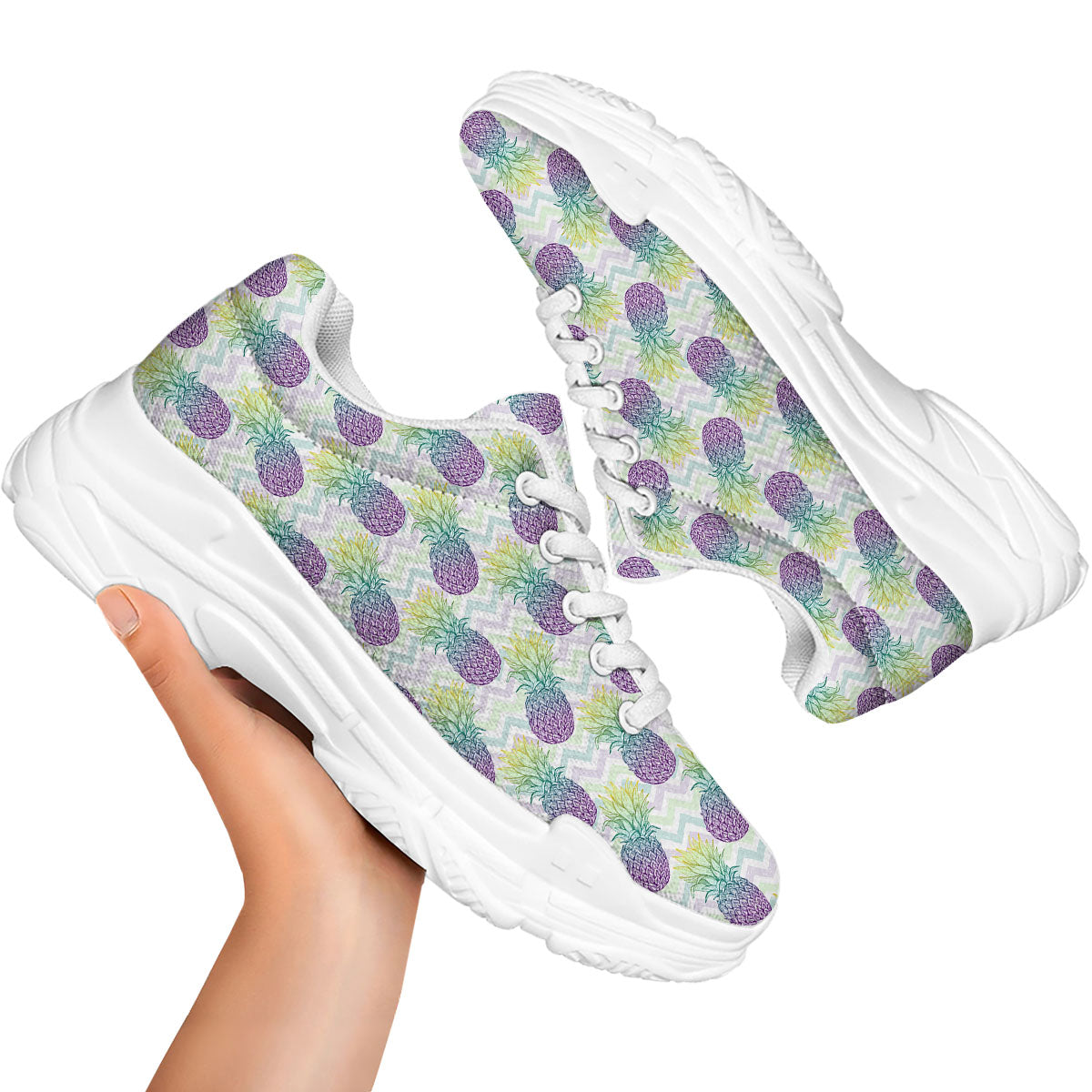Zig Zag Pineapple Bright Print Pattern White Chunky Shoes-grizzshop