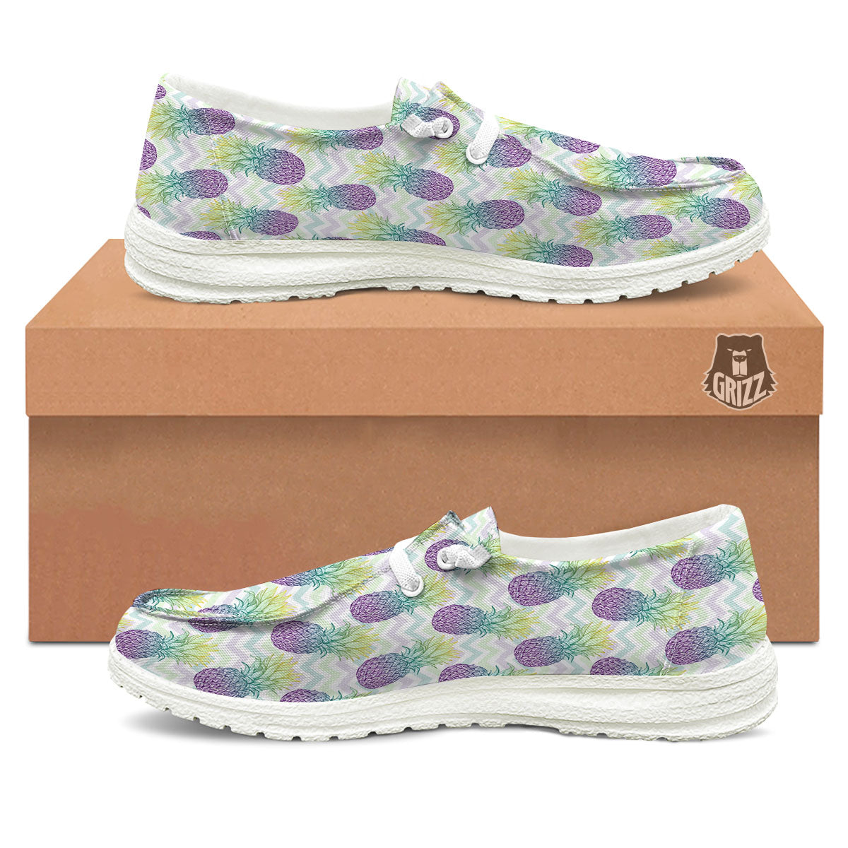 Zig Zag Pineapple Bright Print Pattern White Loafers-grizzshop