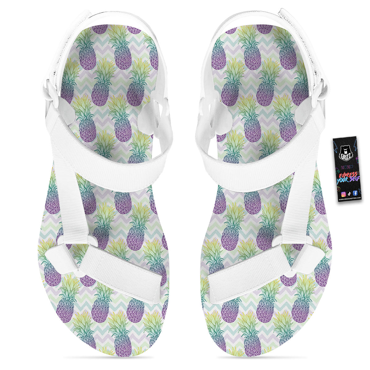 Zig Zag Pineapple Bright Print Pattern White Open Toe Sandals-grizzshop
