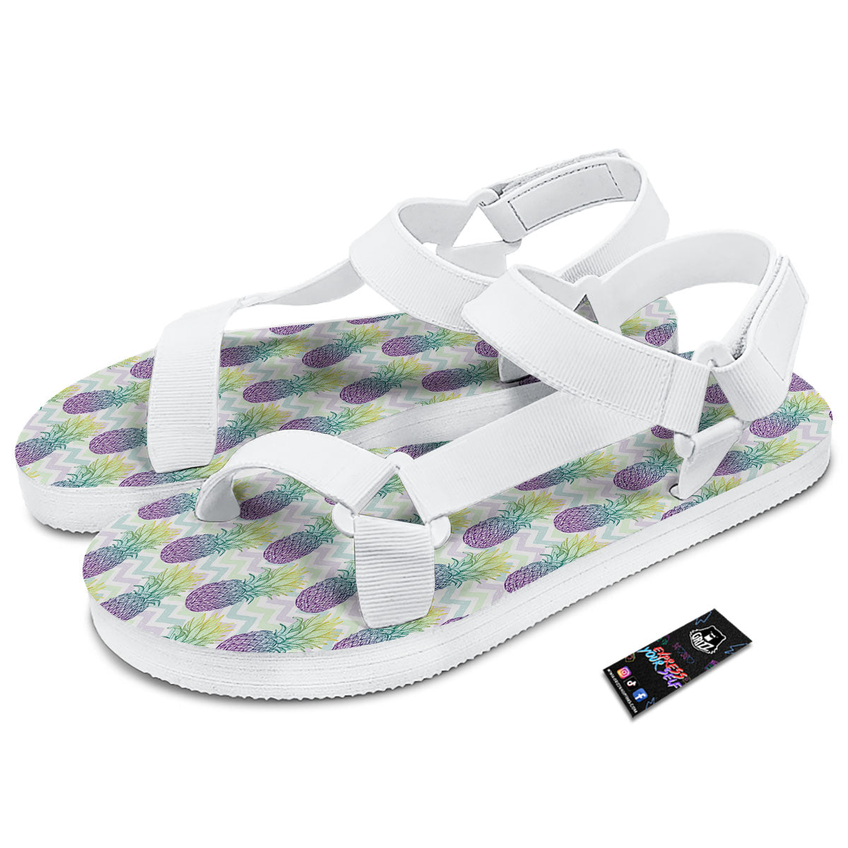 Zig Zag Pineapple Bright Print Pattern White Open Toe Sandals-grizzshop