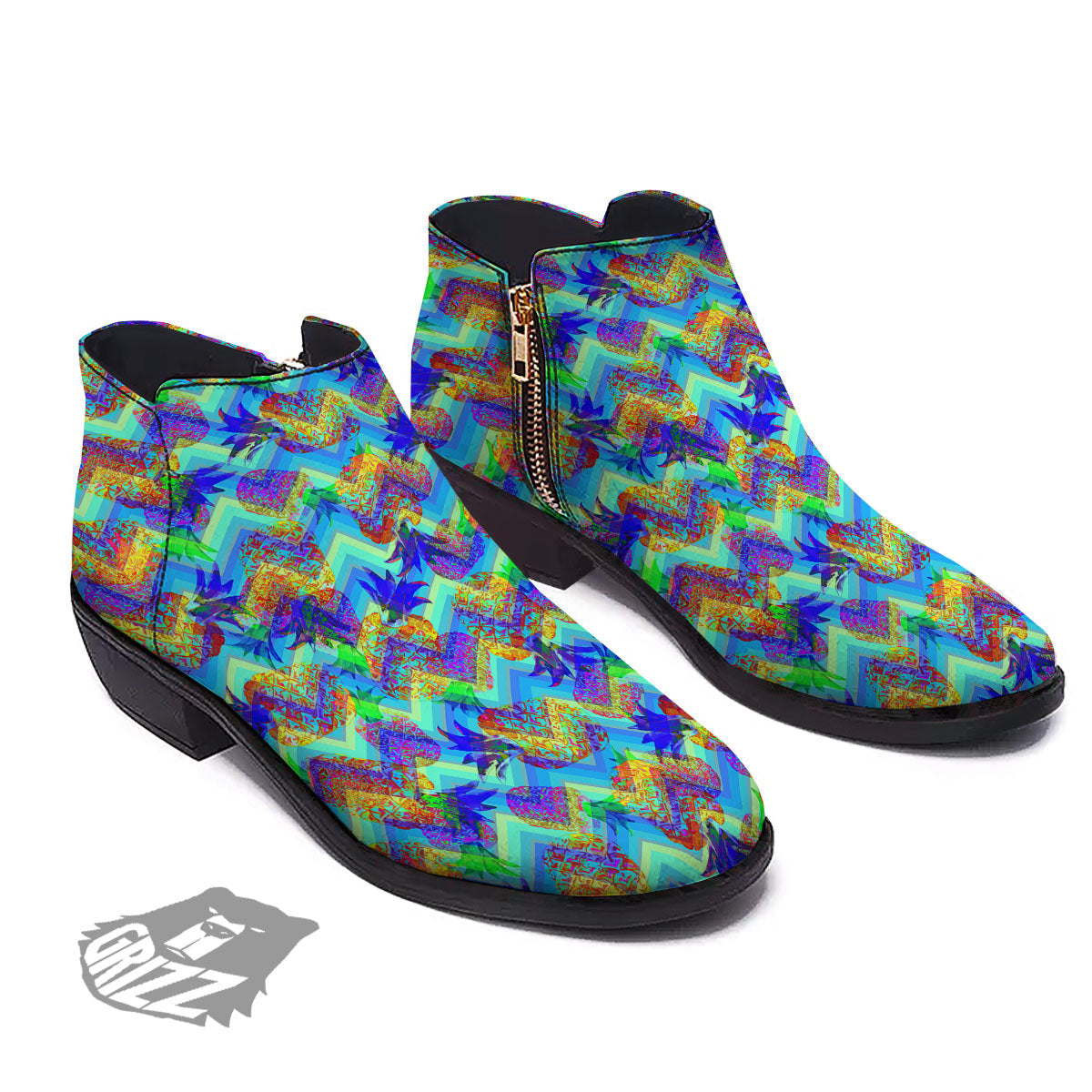 Zig Zag Pineapple Neon EDM Print Pattern Ankle Boots-grizzshop
