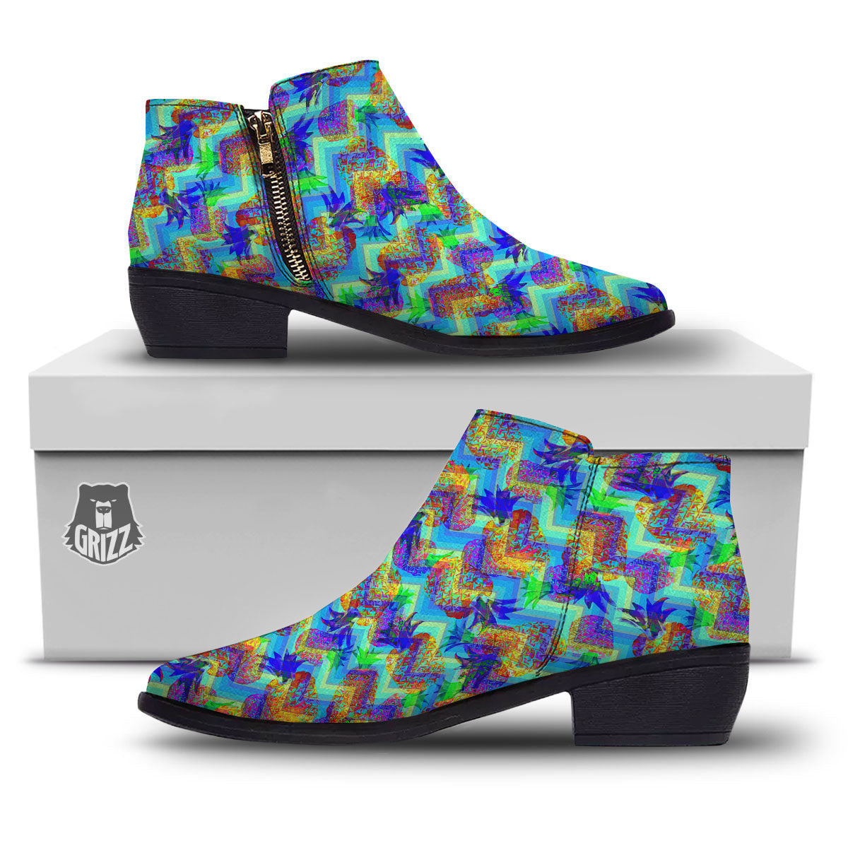 Zig Zag Pineapple Neon EDM Print Pattern Ankle Boots-grizzshop