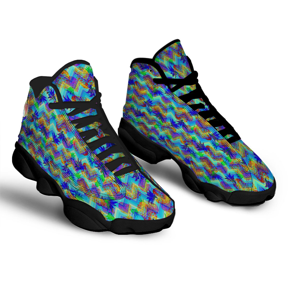 Zig Zag Pineapple Neon EDM Print Pattern Black Basketball Shoes-grizzshop