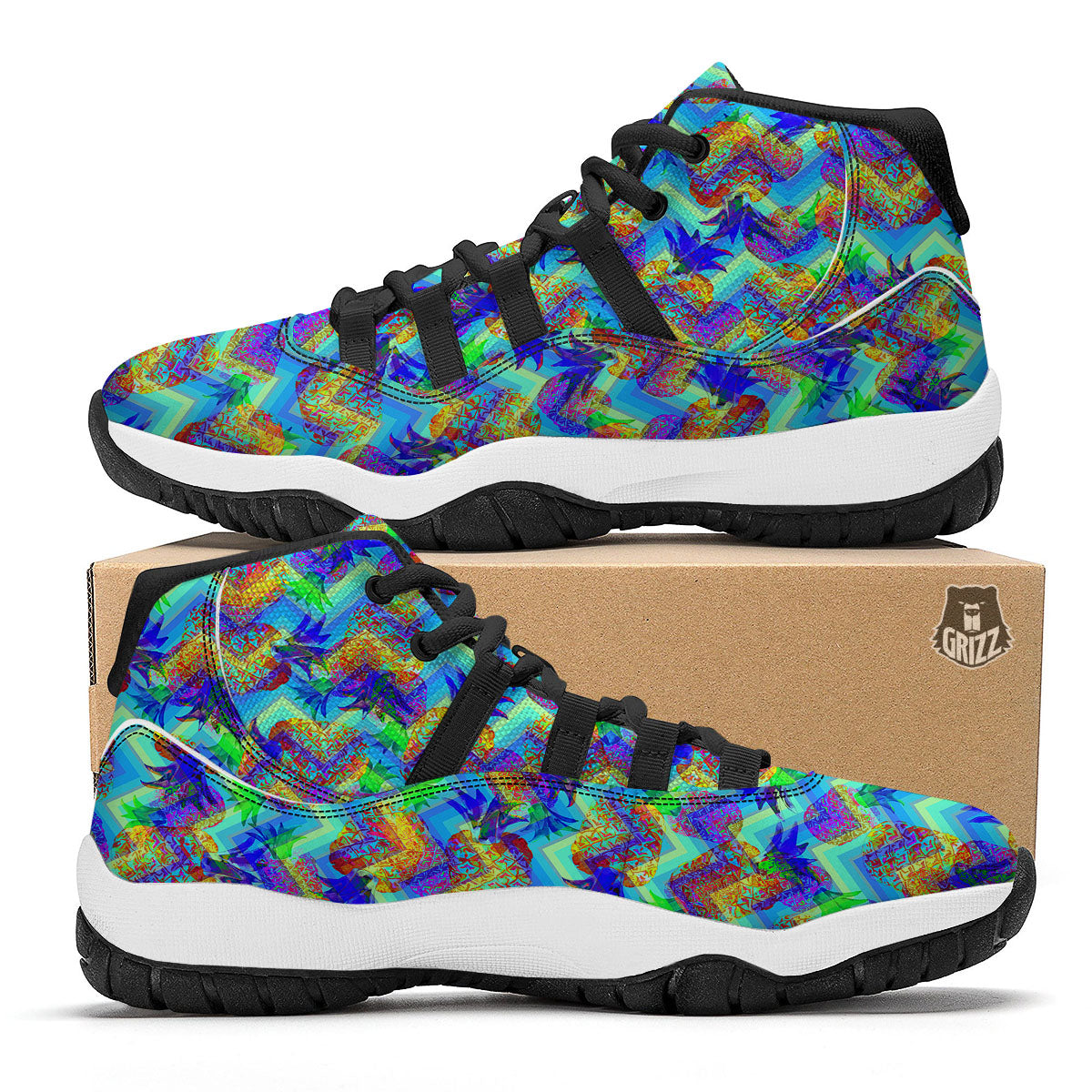 Zig Zag Pineapple Neon EDM Print Pattern Black Bball Shoes-grizzshop