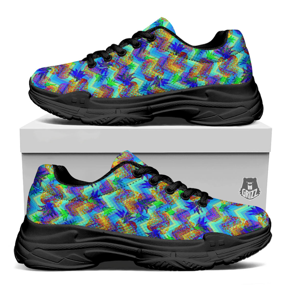 Zig Zag Pineapple Neon EDM Print Pattern Black Chunky Shoes-grizzshop