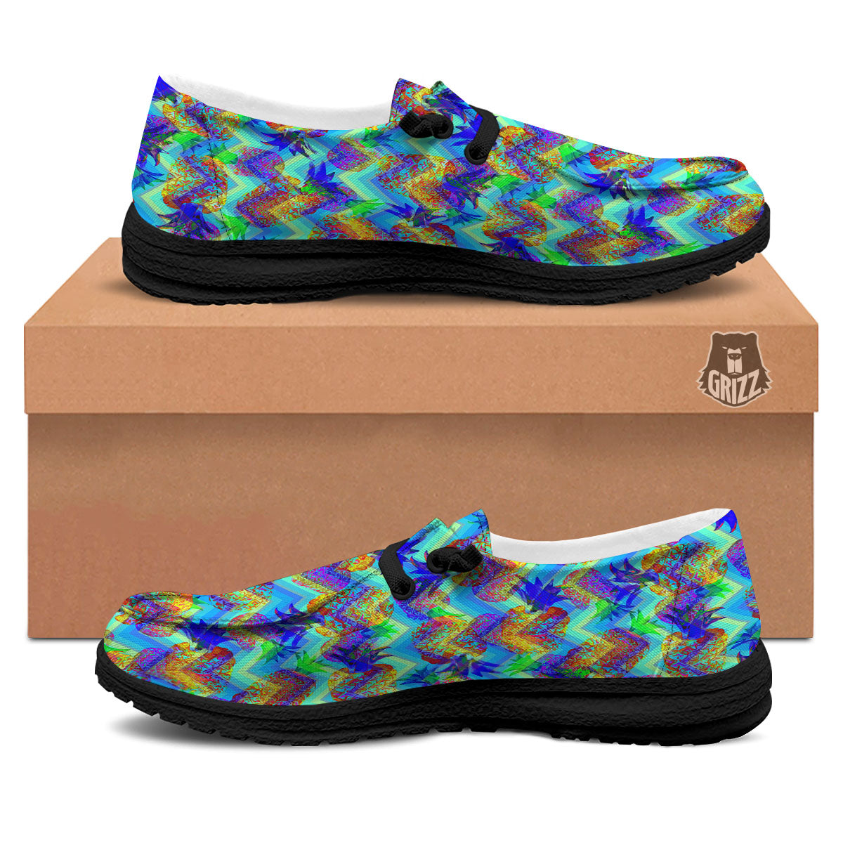 Zig Zag Pineapple Neon EDM Print Pattern Black Loafers-grizzshop