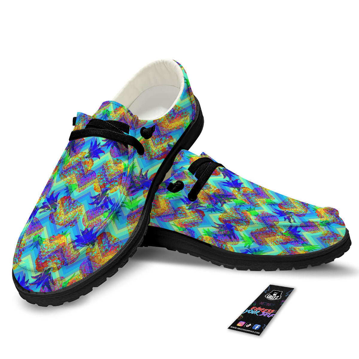 Zig Zag Pineapple Neon EDM Print Pattern Black Loafers-grizzshop
