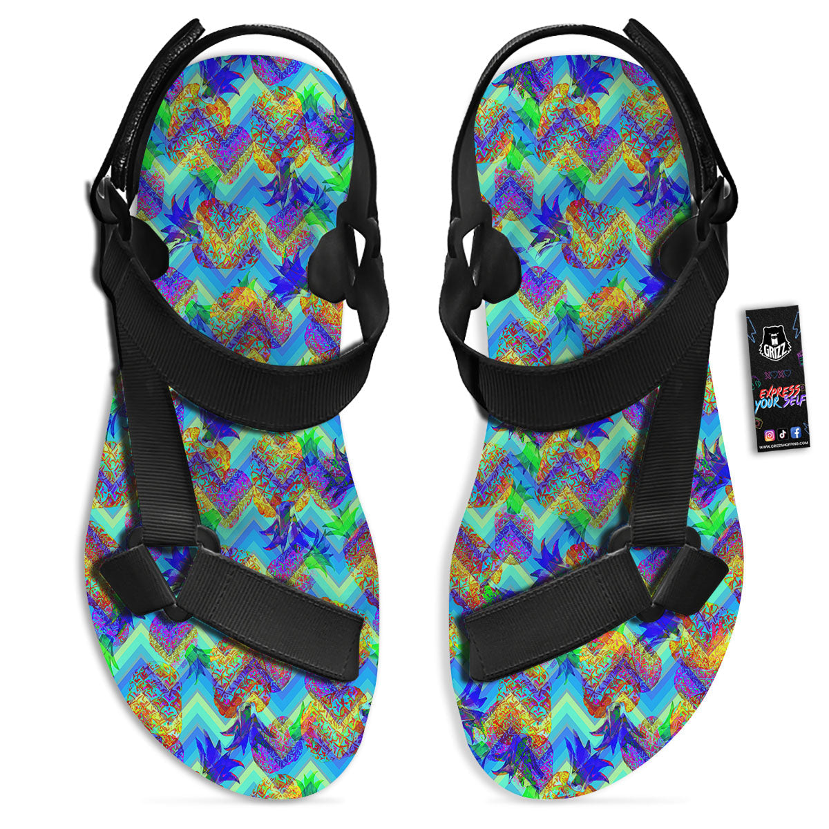 Zig Zag Pineapple Neon EDM Print Pattern Black Open Toe Sandals-grizzshop