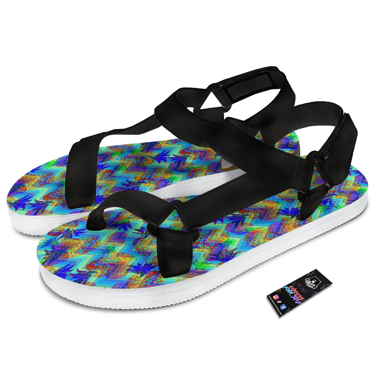 Zig Zag Pineapple Neon EDM Print Pattern Black Open Toe Sandals-grizzshop