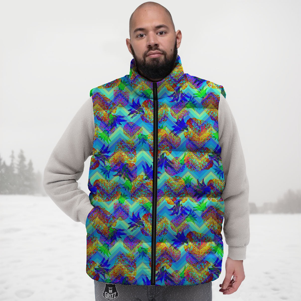 Zig Zag Pineapple Neon EDM Print Pattern Down Vest