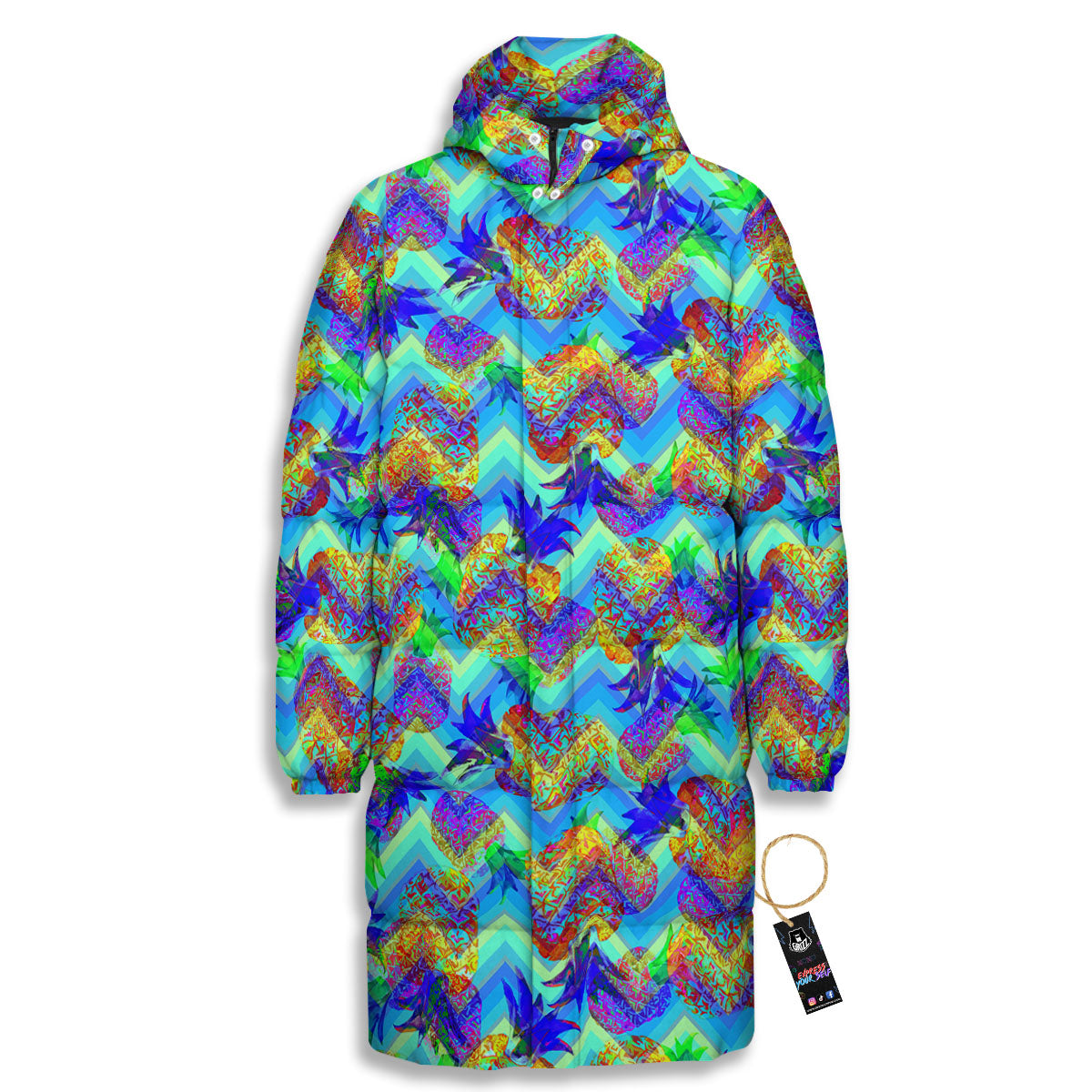 Zig Zag Pineapple Neon EDM Print Pattern Long Down Jacket-grizzshop