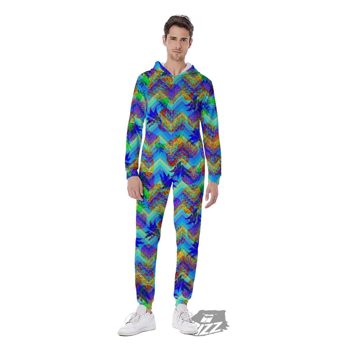 Zig Zag Pineapple Neon EDM Print Pattern Men's Jumpsuit-grizzshop