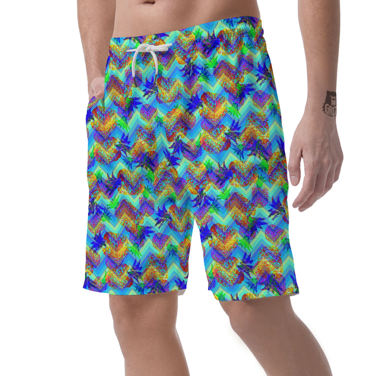 Zig Zag Pineapple Neon EDM Print Pattern Men's Shorts-grizzshop
