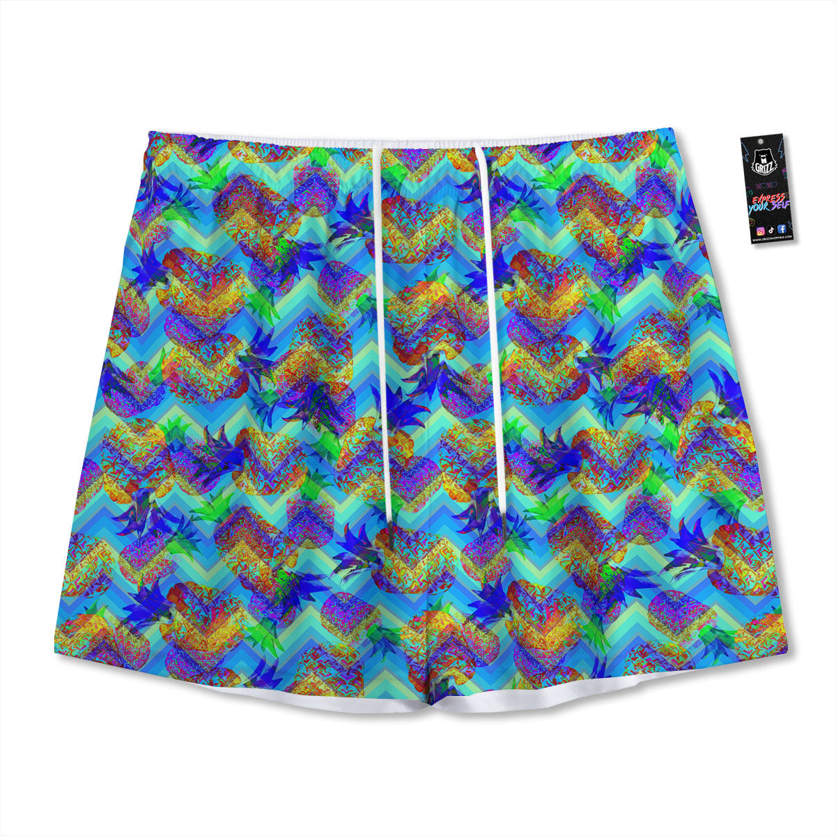 Zig Zag Pineapple Neon EDM Print Pattern Mesh Shorts