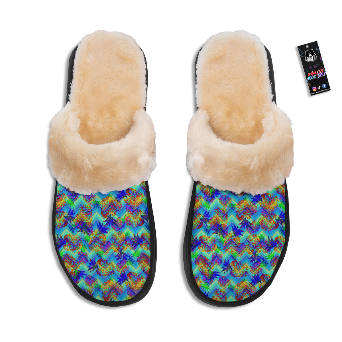 Zig Zag Pineapple Neon EDM Print Pattern Slippers-grizzshop