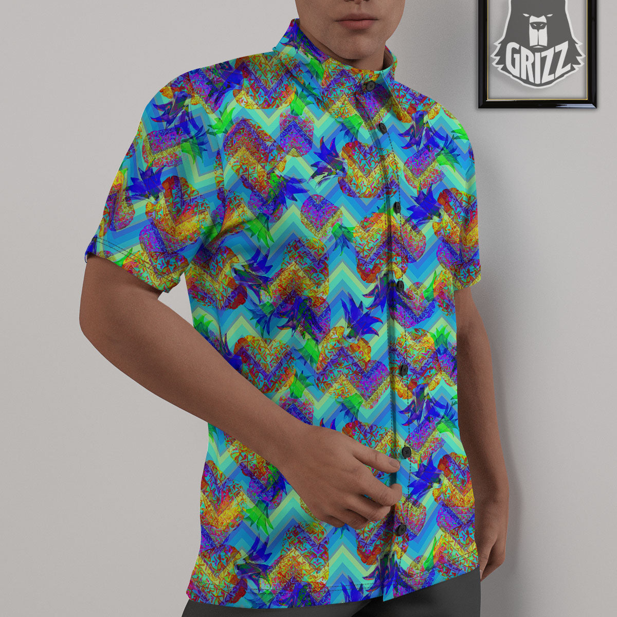 Zig Zag Pineapple Neon EDM Print Pattern Untucked Shirts-grizzshop