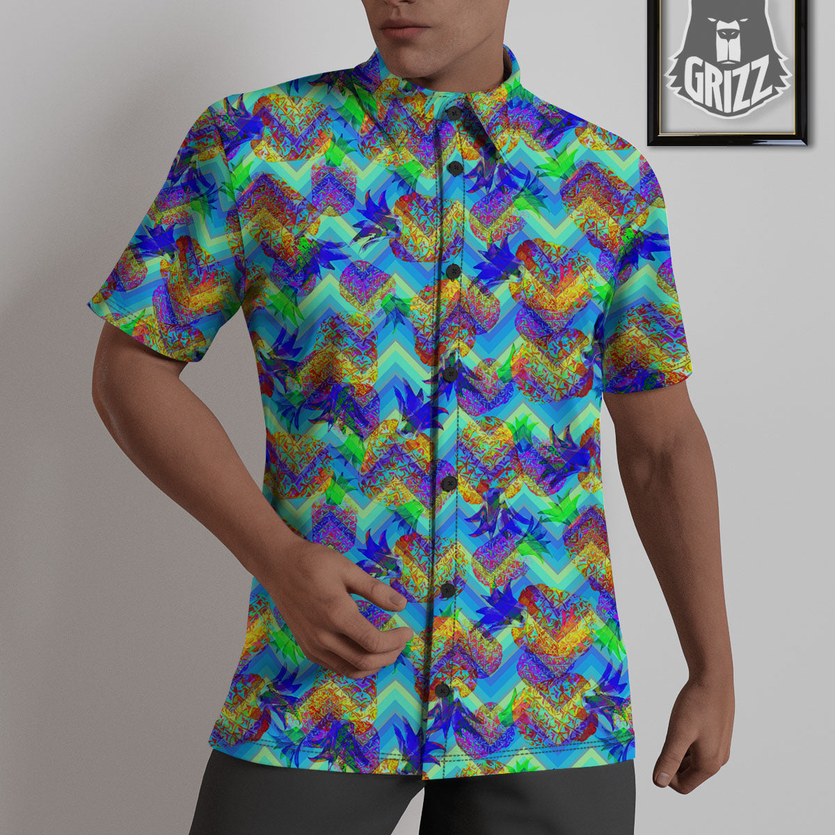 Zig Zag Pineapple Neon EDM Print Pattern Untucked Shirts-grizzshop