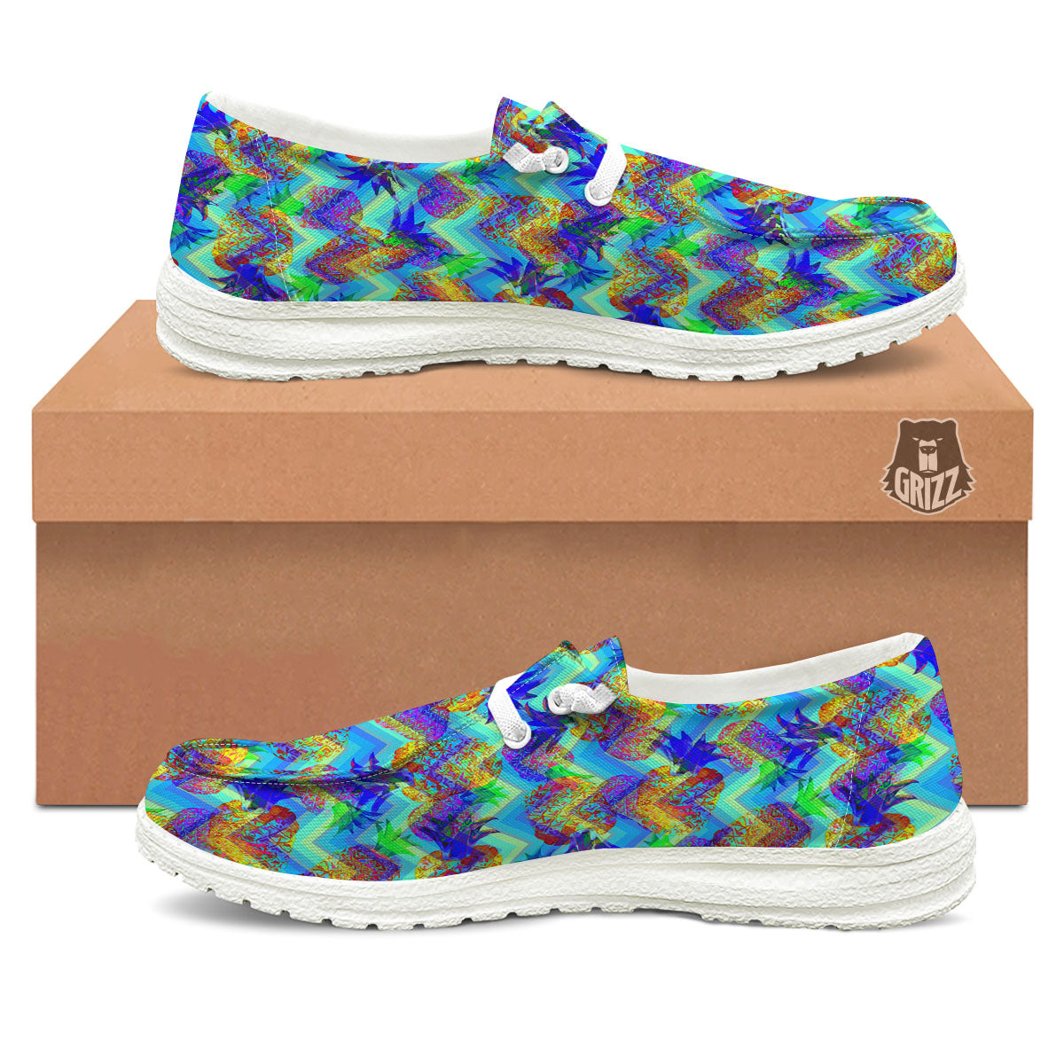 Zig Zag Pineapple Neon EDM Print Pattern White Loafers-grizzshop