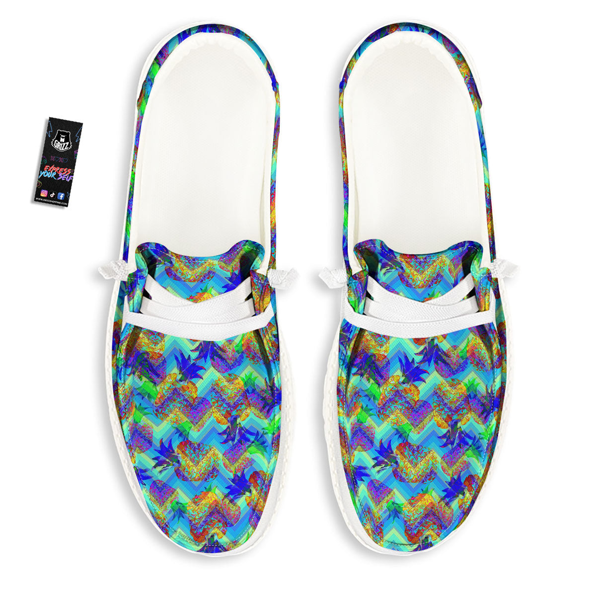 Zig Zag Pineapple Neon EDM Print Pattern White Loafers-grizzshop