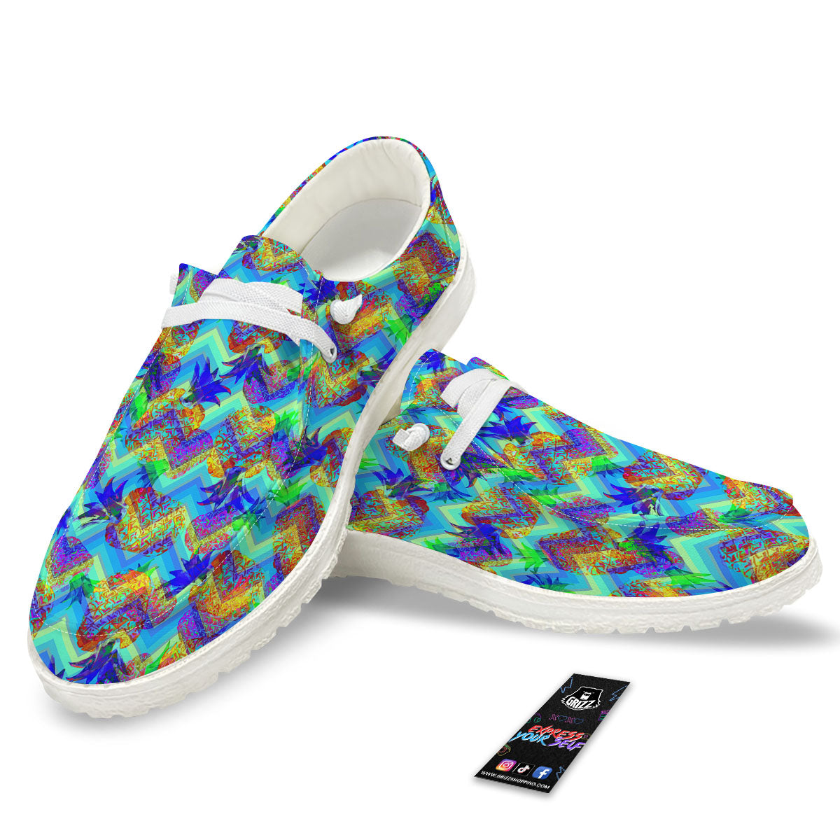 Zig Zag Pineapple Neon EDM Print Pattern White Loafers-grizzshop