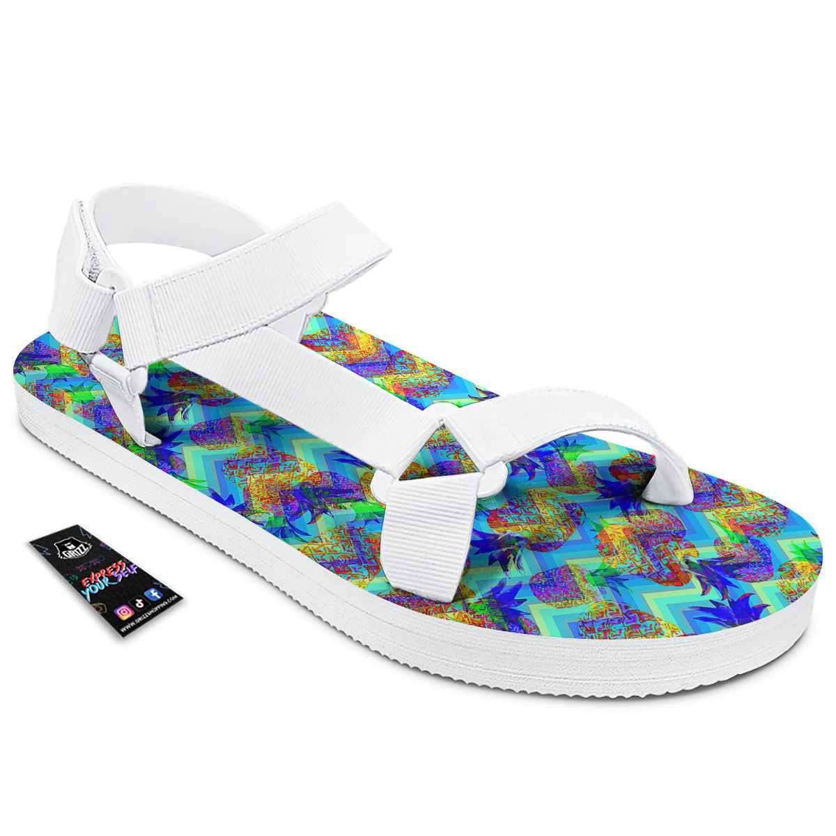 Zig Zag Pineapple Neon EDM Print Pattern White Open Toe Sandals-grizzshop